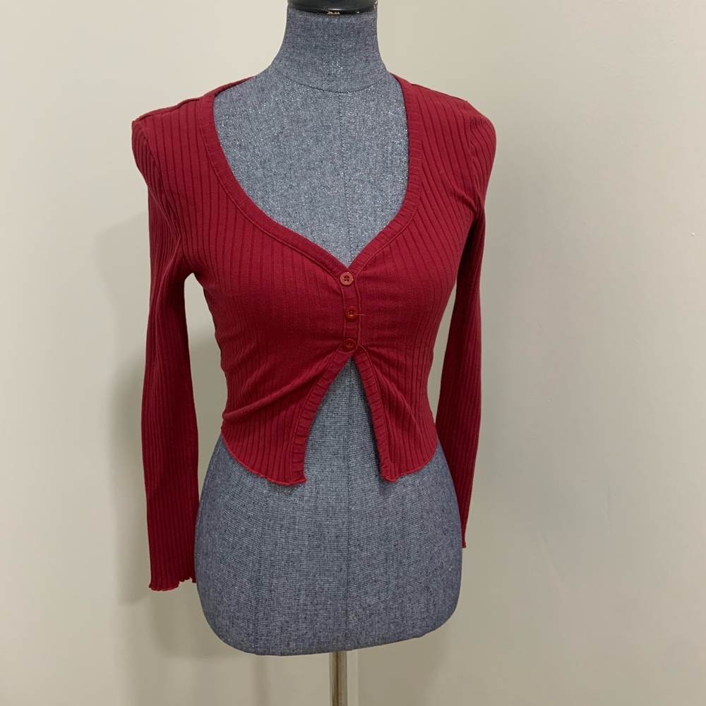 Red SHEIN ribbed button front long sleeve top